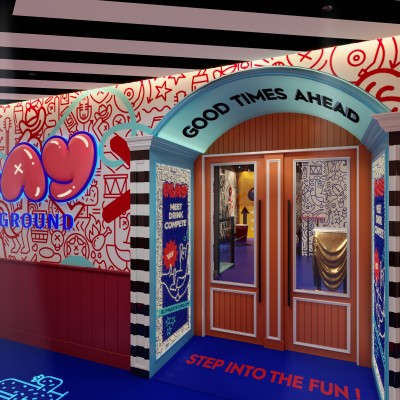 Entrance to Play Playground at Nashville Live! with text "Good Times Ahead" above the door.