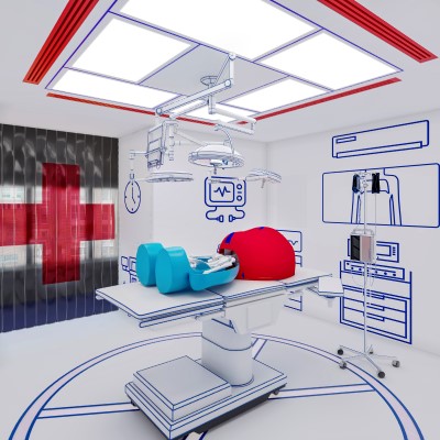 White, red, and light blue operation game hospital room at Play Playground at Nashville Live!