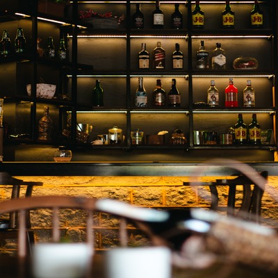 Empty bar and wall of spirits.